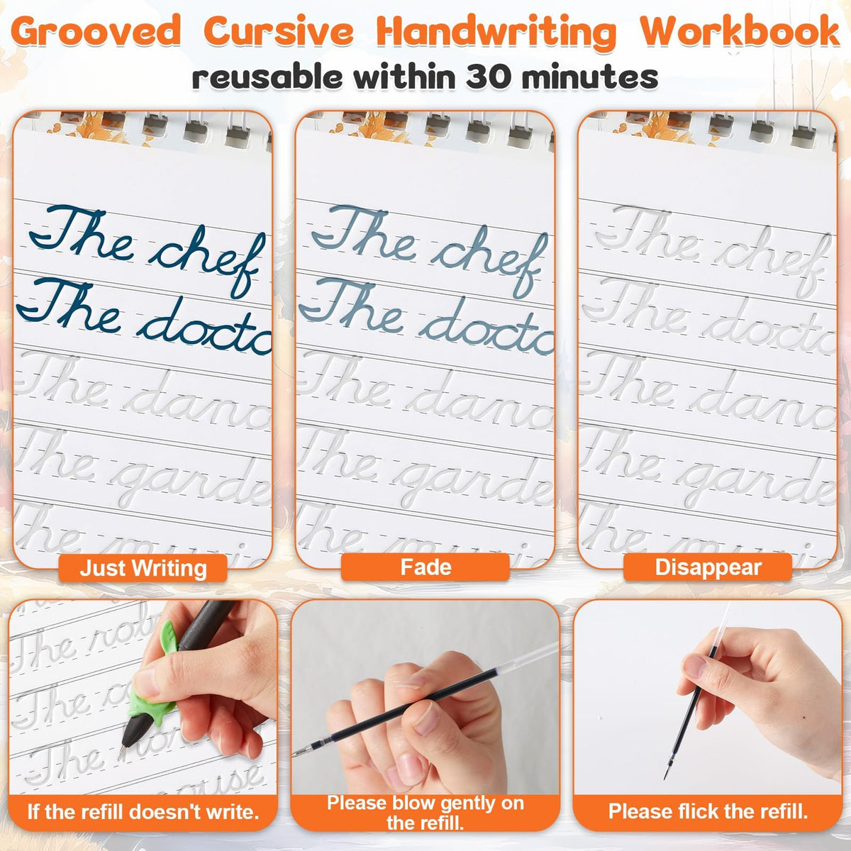 Grooved Cursive Handwriting Workbook Magic Reusable Grooved Cursive Handwriting Practice Guided Tracing with Disappearing Ink Pens for Beginners Kids Learning Activities Supplies (Letters)