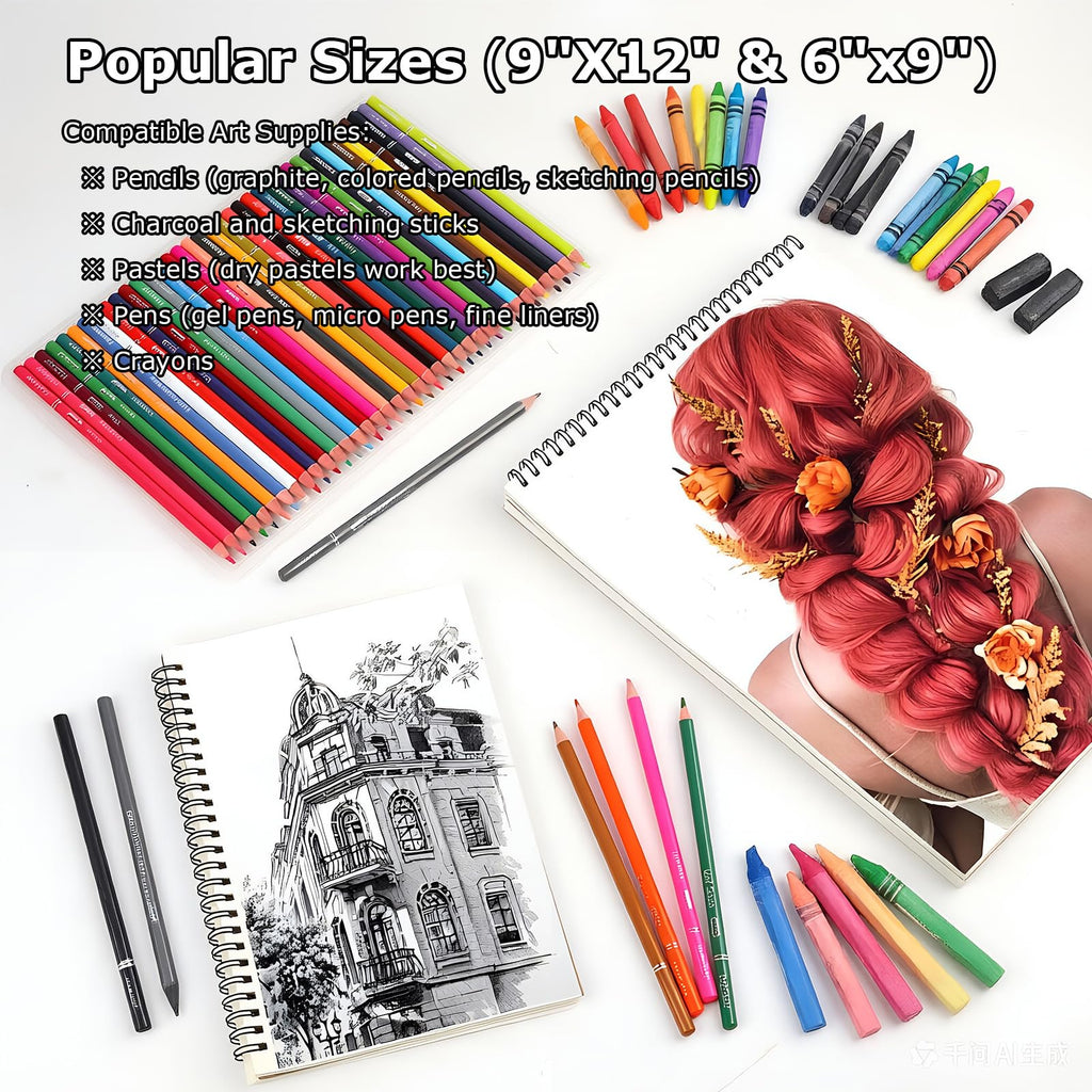 9" x 12" Sketch Book, 2-Pack 50 Sheets Spiral Bound Art Sketchbook Notebook