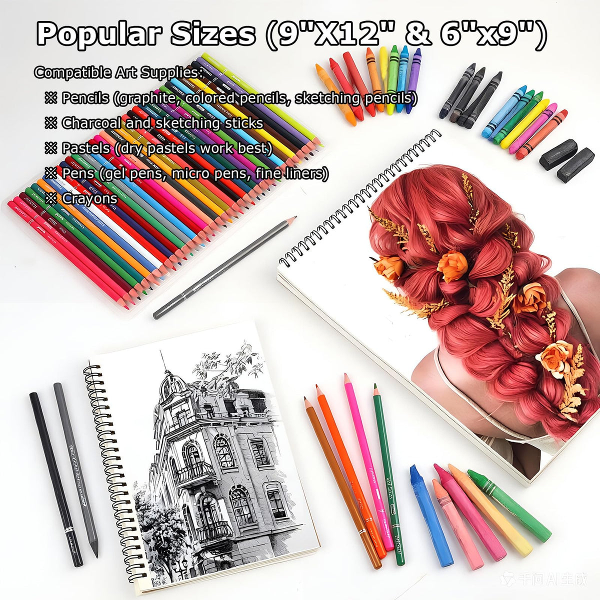 9" x 12" Sketch Book, 2-Pack 50 Sheets Spiral Bound Art Sketchbook Notebook