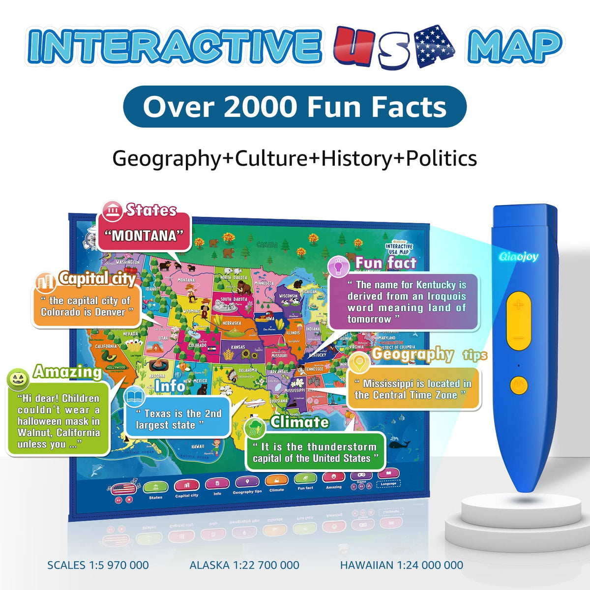 Qiaojoy Bilingual Interactive World Map for Kids Learning Educational Toy