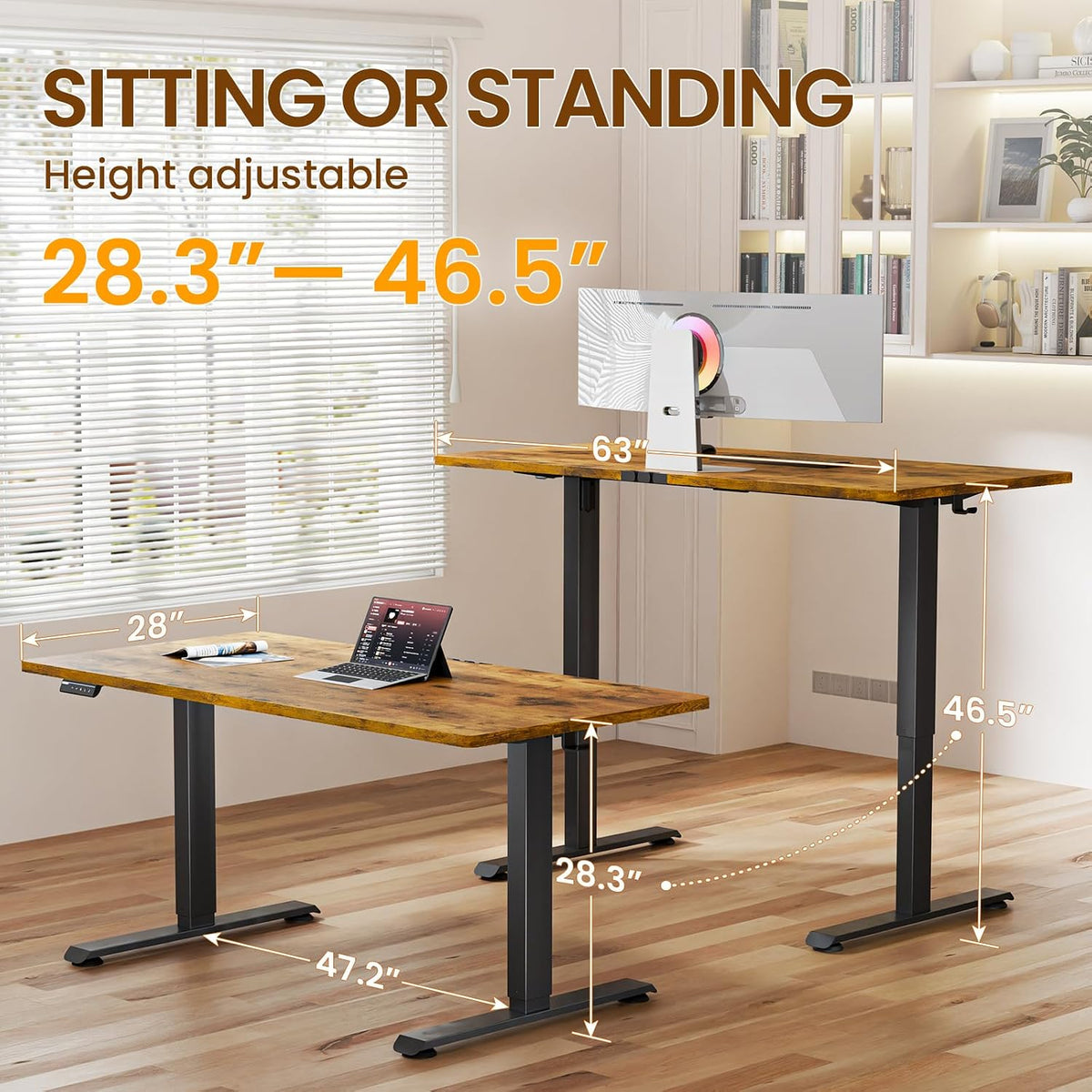 Veken 63"x28" Wider Large Standing Desk, Electric Height Adjustable, Brown