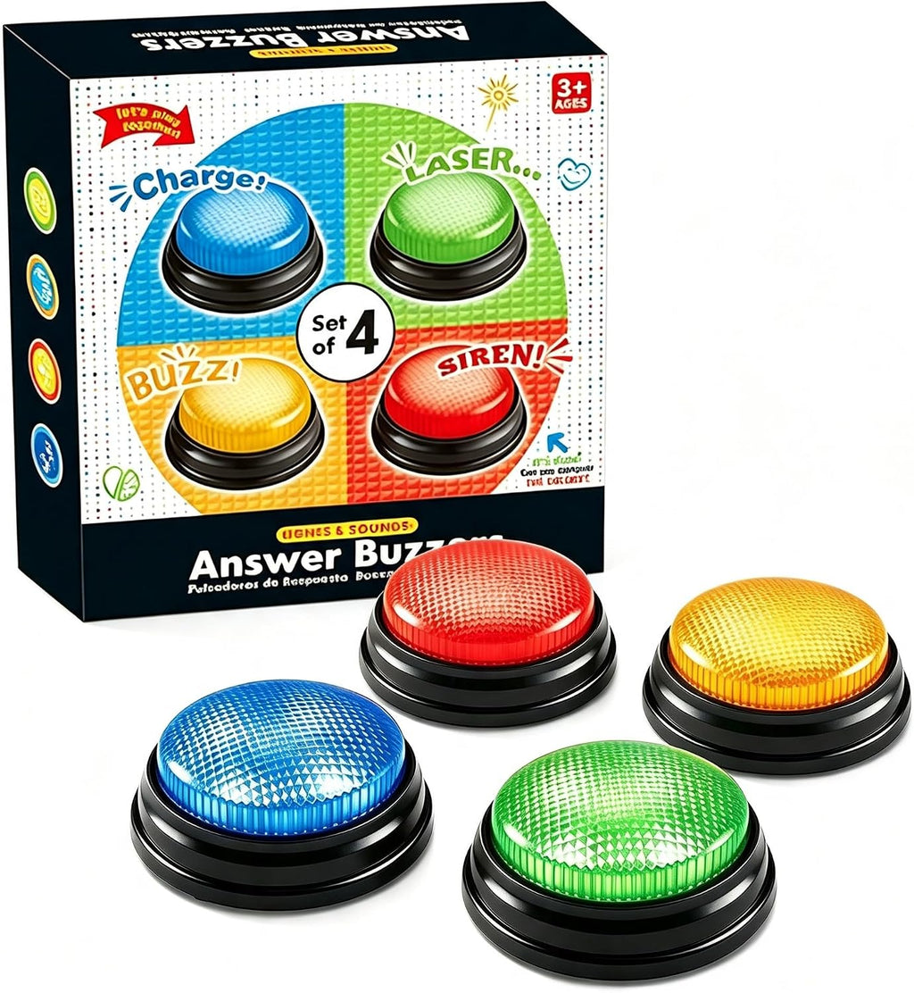 Learning Resources Answer Buzzers, Set of 4, Answer Buzzers for Classroom, Family Feud Jeopardy Buzzer, Game Buzzers with Lights and Sound for Classroom, Game Show Buzzer Buttons
