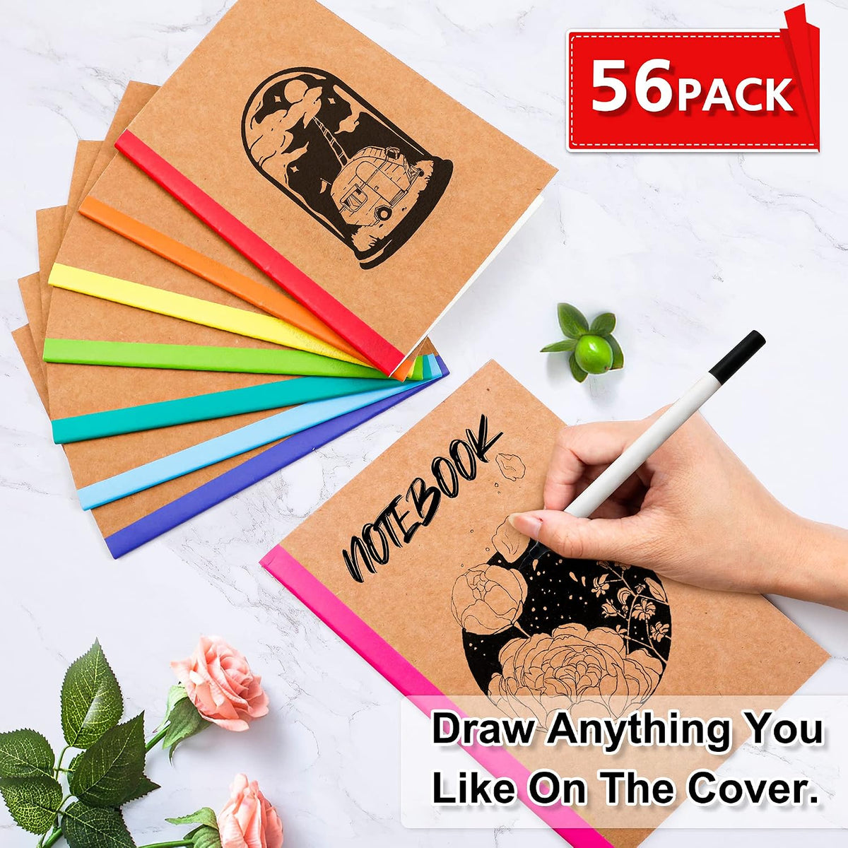 Feela 56-Pack A5 Kraft Notebooks – 60 Pages, Lined | Rainbow Spine Bulk Journal Set for Classrooms & Junk Journaling