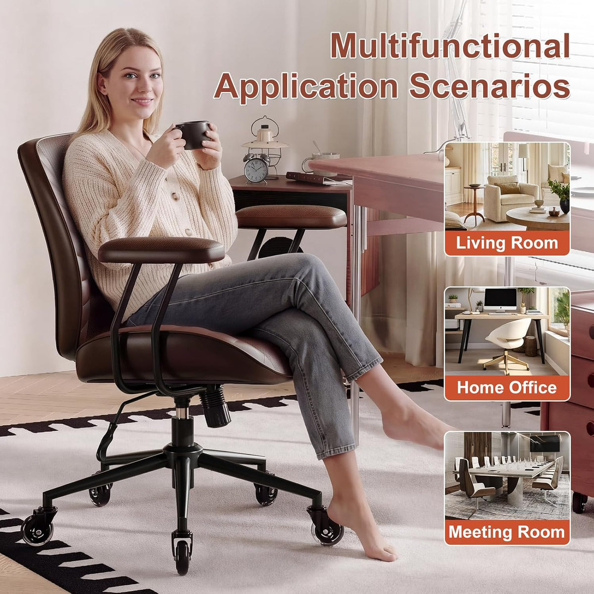 BFZ Leather Home Office Desk Chair with Lumbar Support, Brown