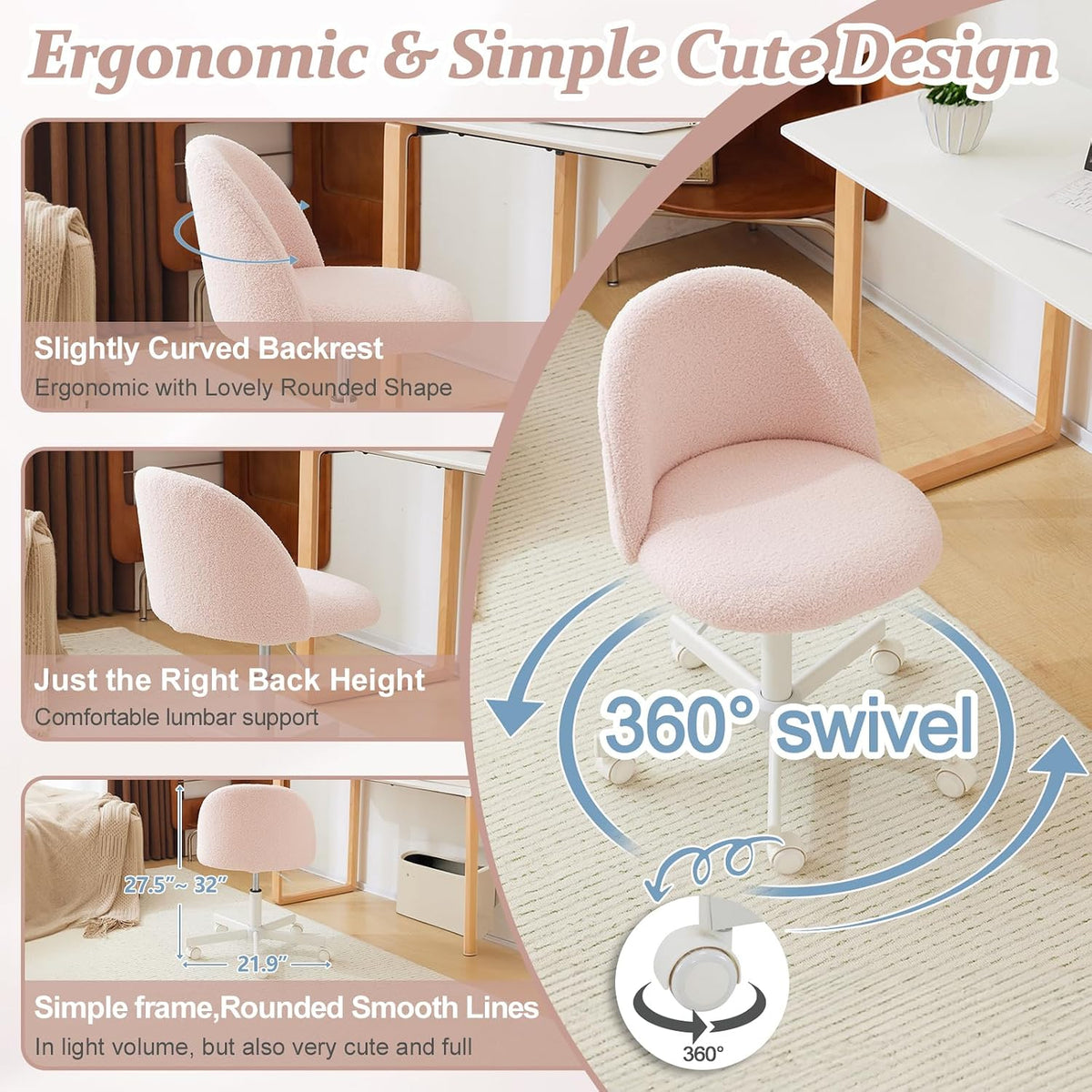 VINGLI Cute Candy Chair Armless Comfy Small Office Desk Vanity Chair with Wheels & Lumbar Support,Teddy Adjustable Rolling Swivel Computer Task Ch for Home Office,Bedroom,Gentle Pink