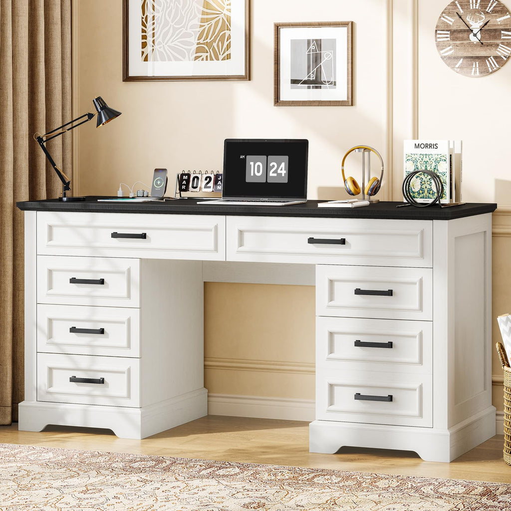 Halitaa: 47" Farmhouse Student Study Desk with 4 Drawers & Monitor Stand
