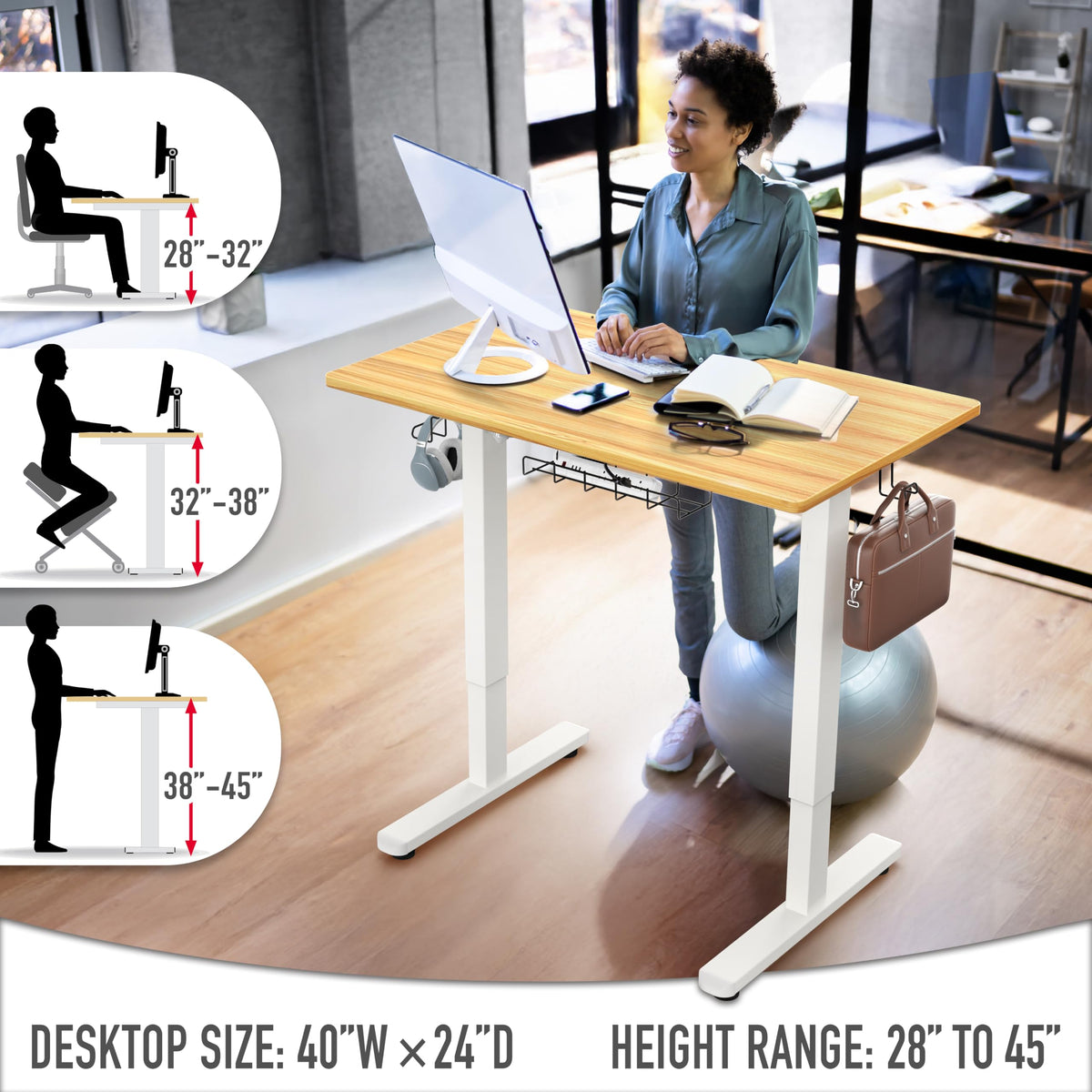 SHW 55 x 28 Electric Height Adjustable Standing Desk w/Drawer, White
