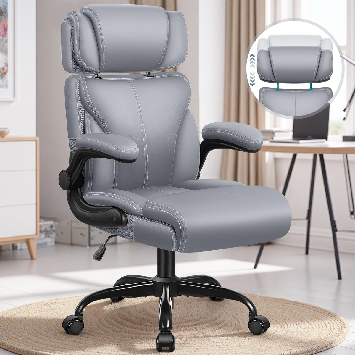 HeroSet PU Leather Study Chair with Flip-Up Arms and Lumbar Support
