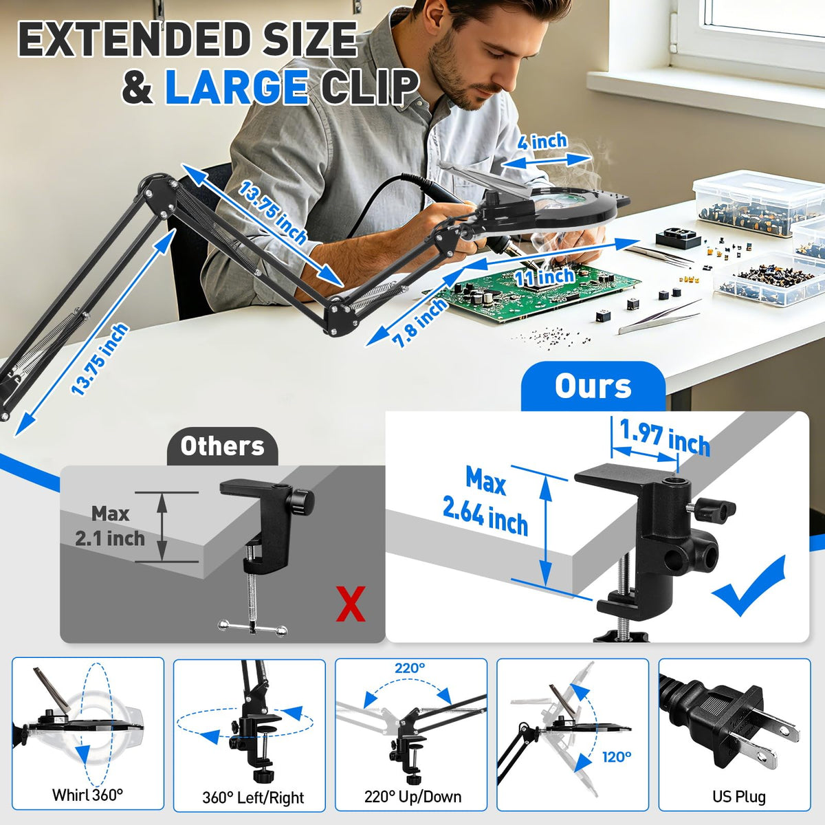 KIRKAS LED Magnifying Lamp with Clamp, 2,200 Lumens Dimmable 28in 12X