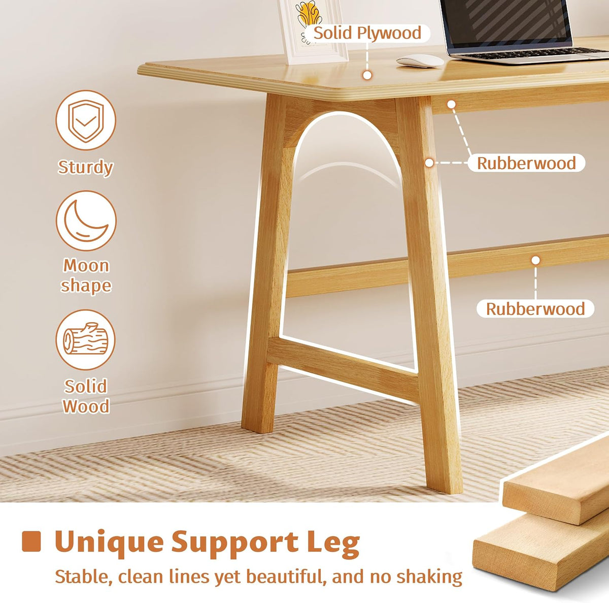 IOTXY Solid Wood Writing Table - 60" W Minimalist PC Computer Desk, Oak