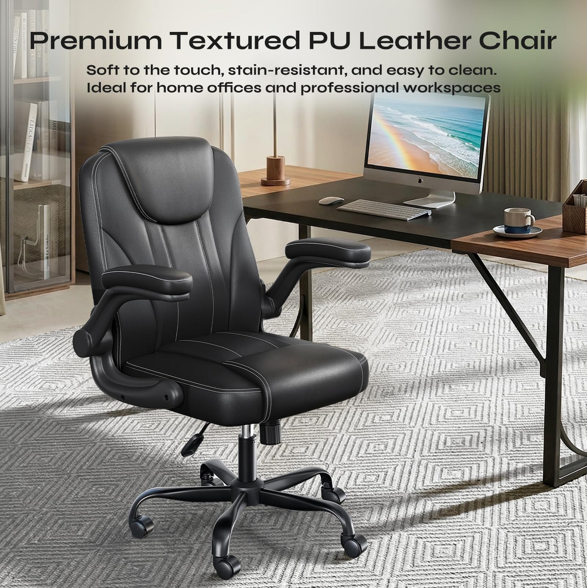 PU Leather Mid-Back Office Chair, Flip-Up Arms, 3.5" Dual-Layer Cushion