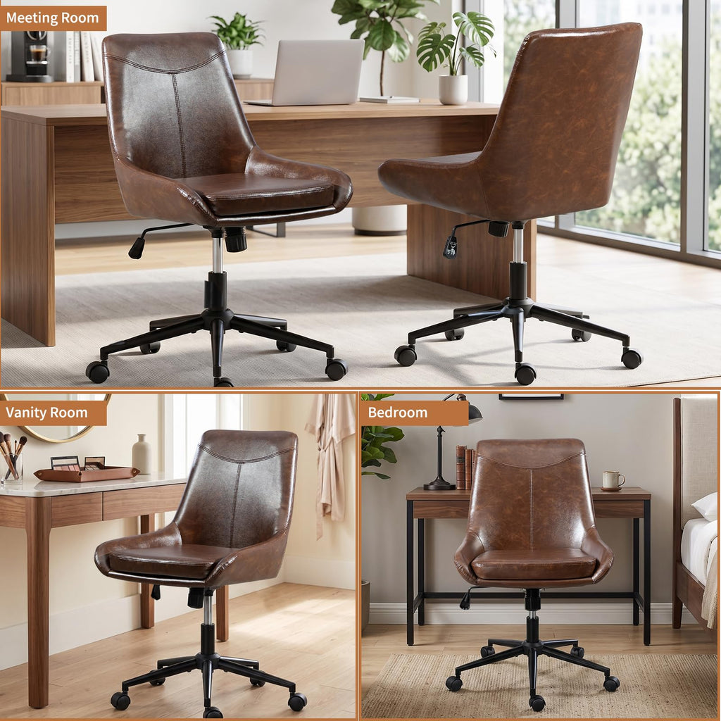 Home Armless Office Desk Chair, Linen Small Computer Chair with Adjustable Height, Removable Cushion, Comfy Rolling 360° Swivel Vanity Task Chair, Blue