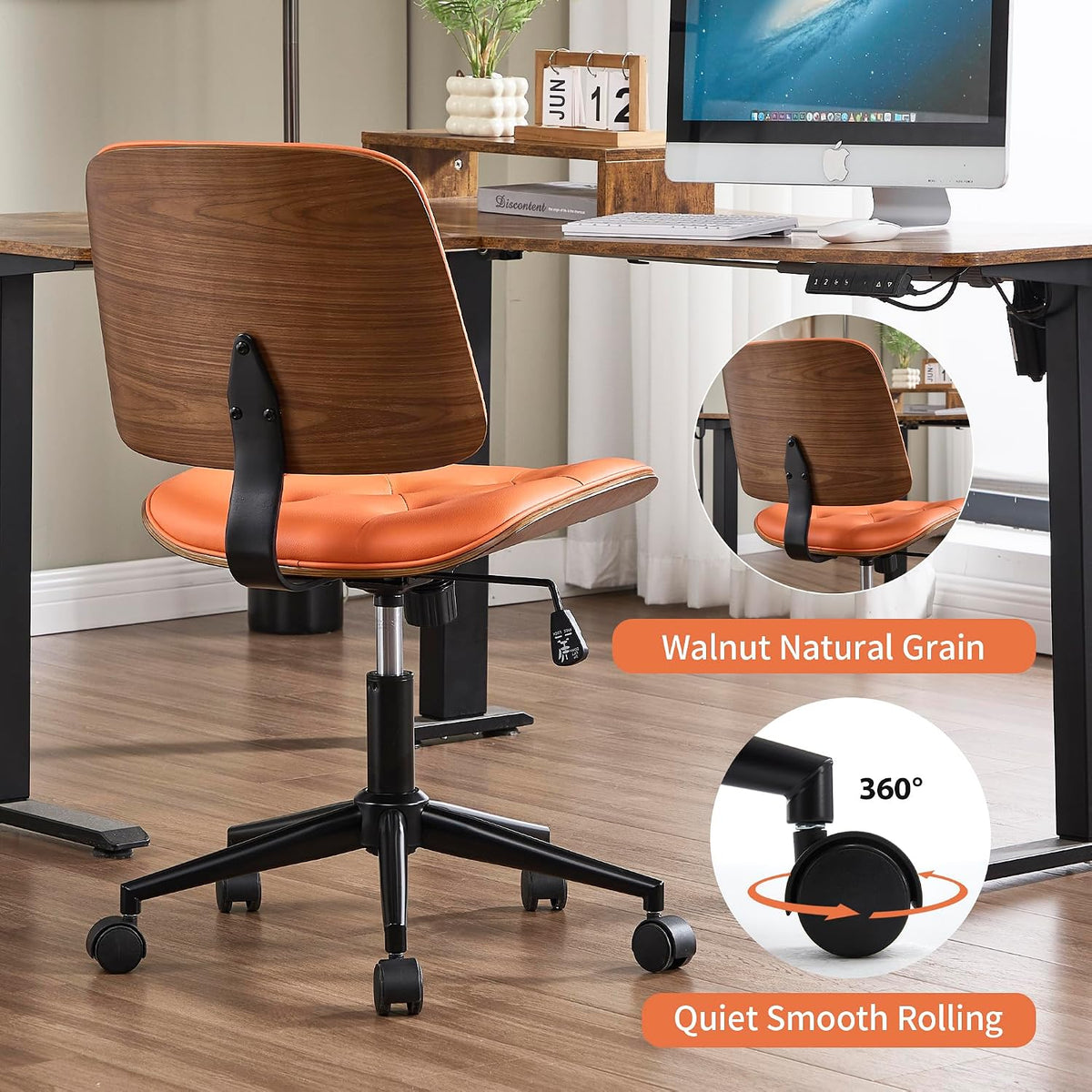 VipDesk Small Home Office Chair - Armless Mid Back Desk Chair with 360° Swivel and Wheels, PU Upholstered Height Adjustable Modern Walnut Computer Chair for Home, Office Meeting Room - Orange