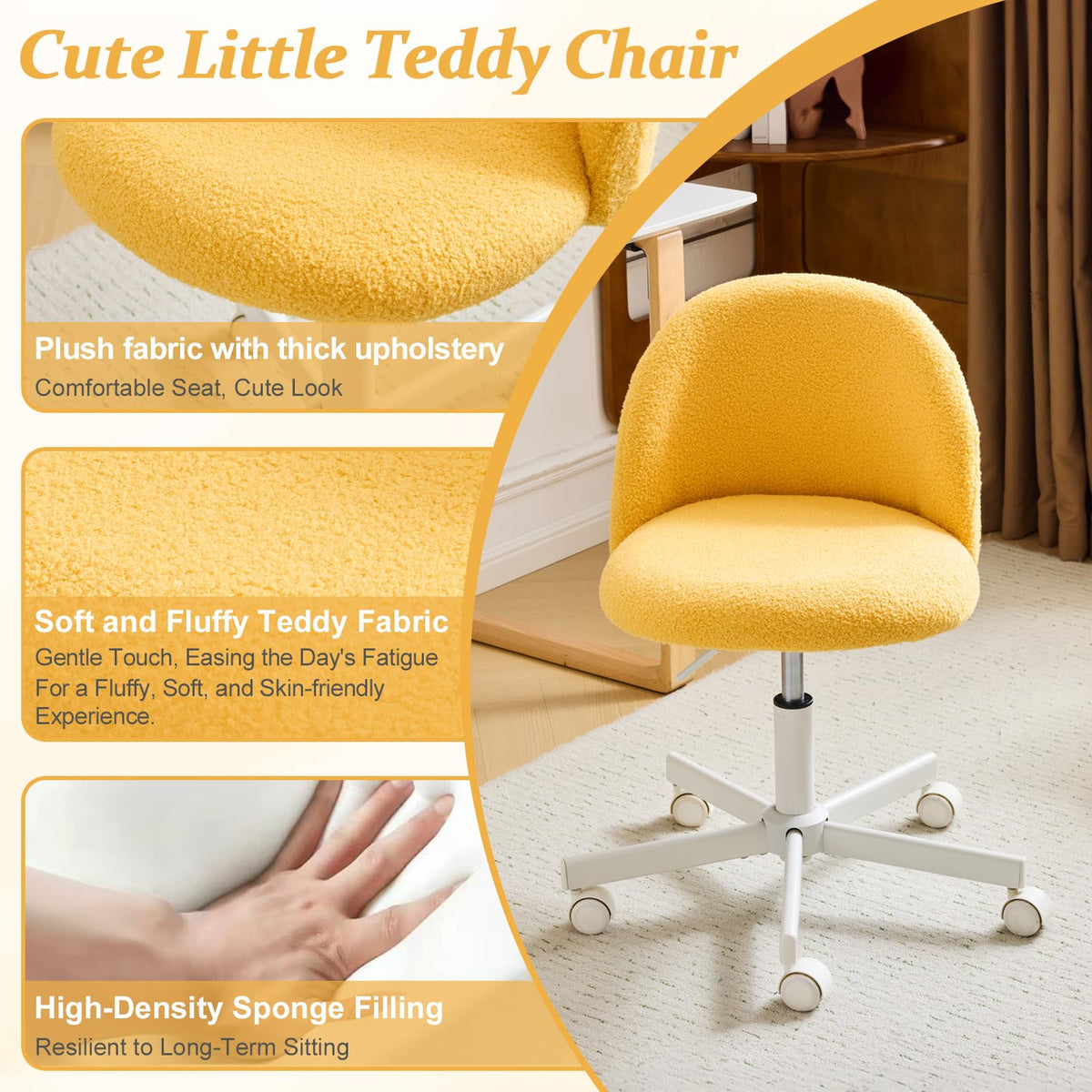 VINGLI Cute Candy Chair Armless Comfy Small Office Desk Vanity Chair with Wheels & Lumbar Support,Teddy Adjustable Rolling Swivel Computer Task Ch for Home Office,Bedroom,Gentle Pink