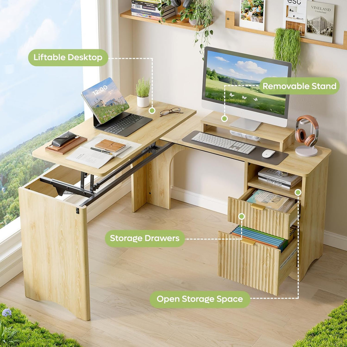 Bestier: 55" L-Shaped Student Study Desk with Manual Lift Top, USB Charging & File Drawer