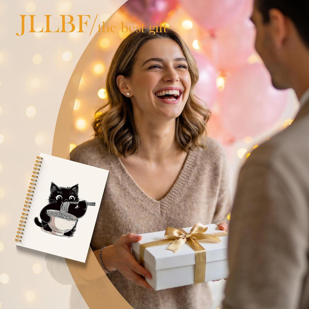 Cute Black Cat Spiral Notebook, Black Cats Lover Gifts Notebooks for Work, Cat Office Supplies, Japanese Noodle Kitty Journal Notebook, 5.5x8.3 Inch