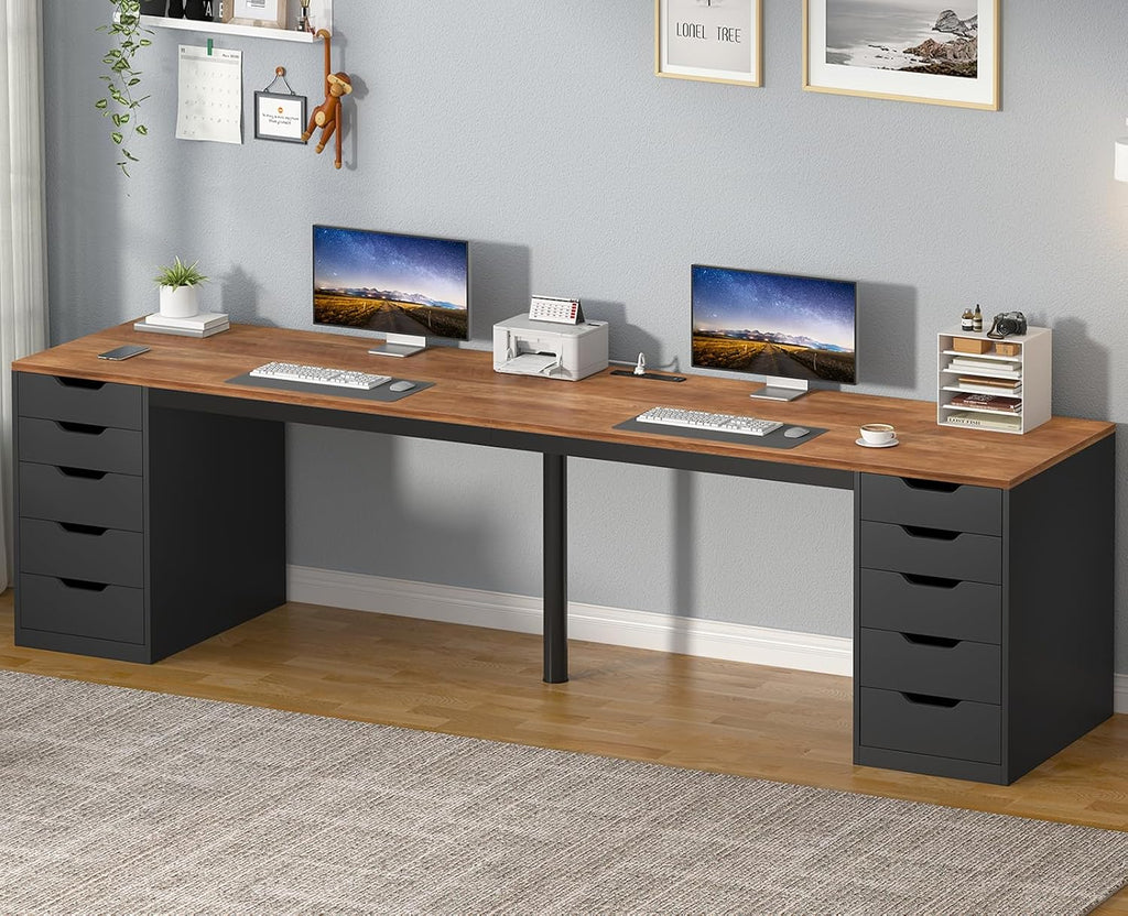YOMILUVE 95" 2 Person Desk with 10 Drawers & Power Outlets for Home Office