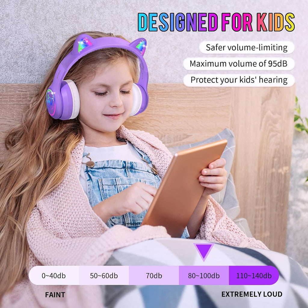 IFECCO Kids Bluetooth Headphones with Case,Cute LED Light Up Cat Ears