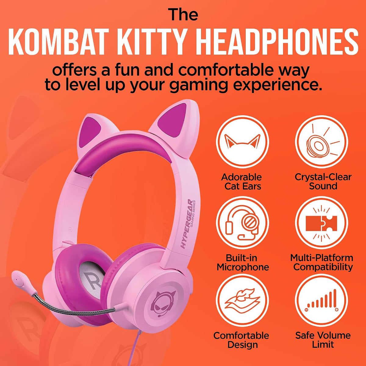 HyperGear Kombat Kitty Headphones for Kids - Cute Cat Ear Kids Headphones with Cord, Gaming Headset with Mic for Girls, Ideal for School, Home & Streaming, Pink