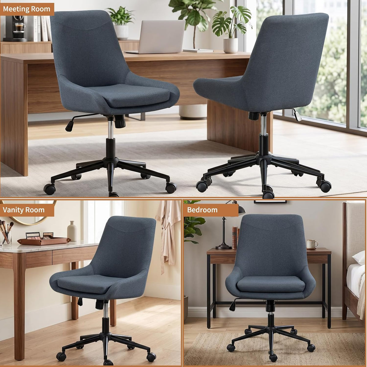 Home Armless Office Desk Chair, Linen Small Computer Chair with Adjustable Height, Removable Cushion, Comfy Rolling 360° Swivel Vanity Task Chair, Blue