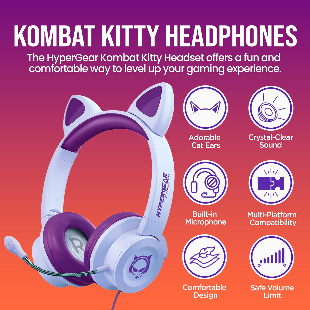 HyperGear Kombat Kitty Headphones for Kids - Cute Cat Ear Kids Headphones with Cord, Gaming Headset with Mic for Girls, Ideal for School, Home & Streaming, Pink