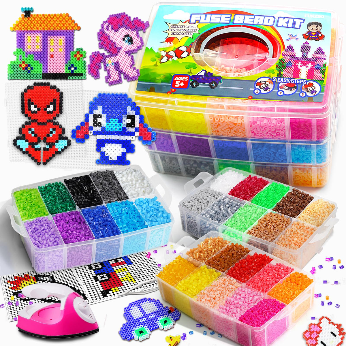 FUNZBO 5200 5mm Fuse Beads Kit Iron Set - 24 Colors | 66 Patterns, Toys, Kids Crafts for Girls Ages 8-12, Arts and Crafts for Kids Ages 6-8, Gifts for Girls Boys Kids Age 5 6 7 8 9 10 11 12 Year Old