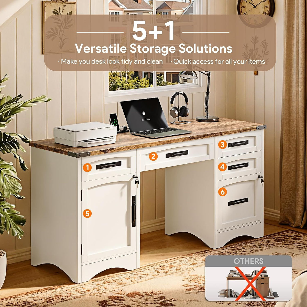 Decofy 67" Farmhouse L Shaped Standing Desk with Drawers Home Office Executive Desks with Fast Charging Station, Lockable File Cabinet, Wood Writing Computer Desk for Work, Study, White