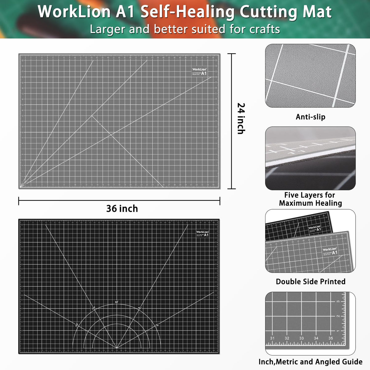 WORKLION 12" x 18" Art Self Healing PVC Cutting Mat, Double Sided, Gridded Rotary Cutting Board for Craft, Fabric, Quilting, Sewing, Scrapbooking Project……