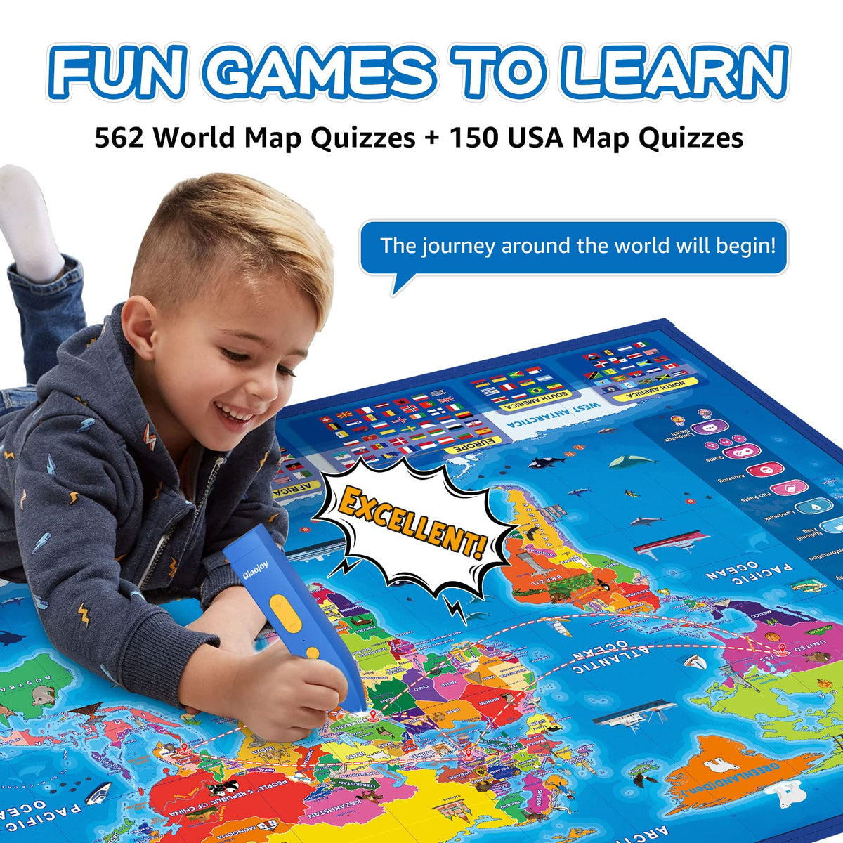 Qiaojoy Bilingual Interactive World Map for Kids Learning Educational Toy