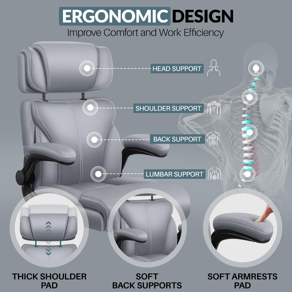 HeroSet Office Chair, Ergonomic Big and Tall Computer Desk Chairs, Executive Breathable Leather Chair with Adjustable Flip-up Armrests, Lumbar Support Swivel PC Chair with Rocking Function,Matte Black