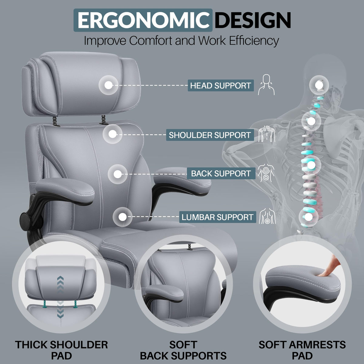 HeroSet Office Chair, Ergonomic Big and Tall Computer Desk Chairs, Executive Breathable Leather Chair with Adjustable Flip-up Armrests, Lumbar Support Swivel PC Chair with Rocking Function,Matte Black
