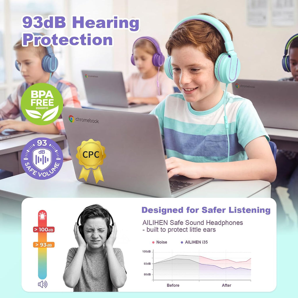 AILIHEN I35 Kids Headphones for School with Mic, 93dB Volume, Green Purple