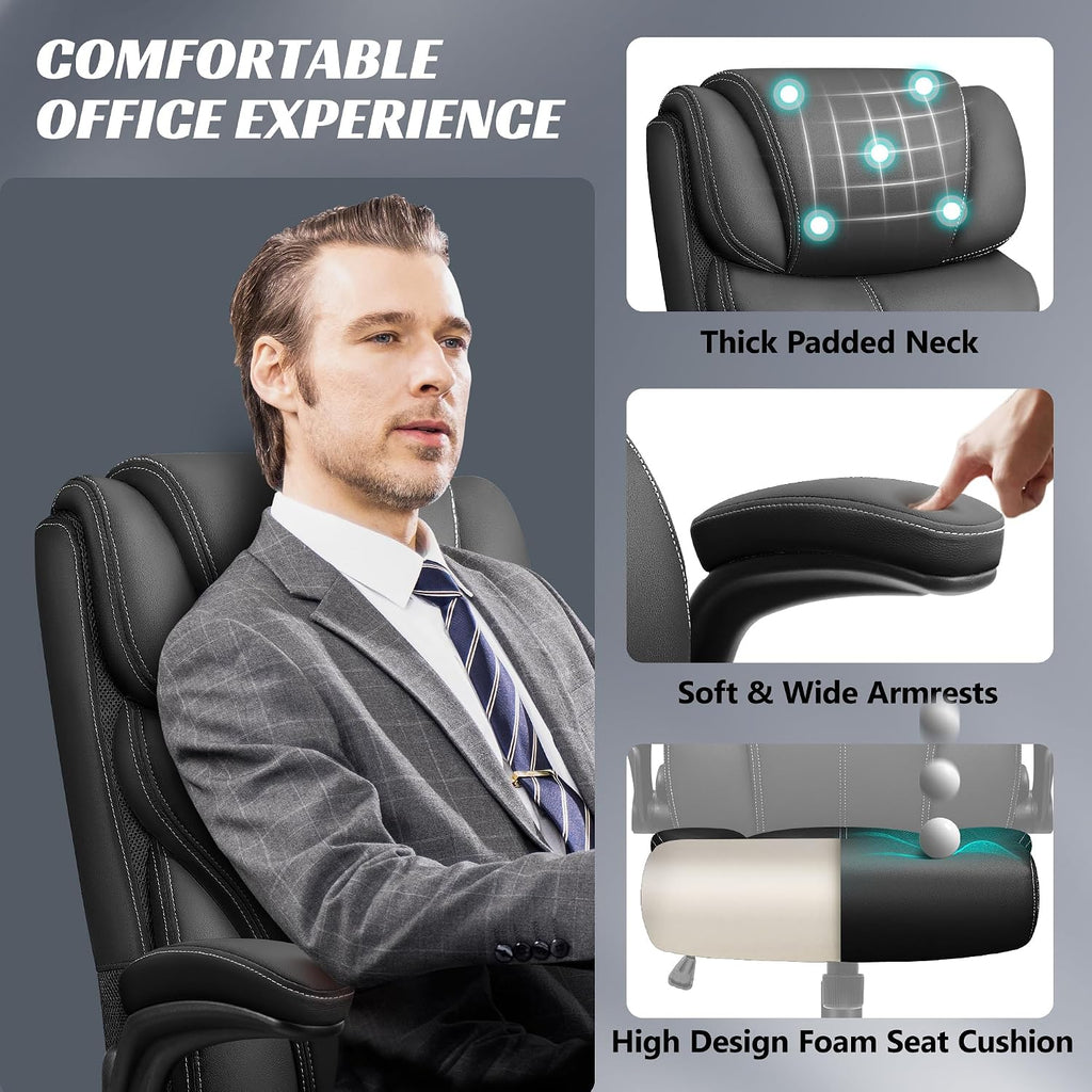 HeroSet Office Chair, Ergonomic Big and Tall Computer Desk Chairs, Executive Breathable Leather Chair with Adjustable Flip-up Armrests, Lumbar Support Swivel PC Chair with Rocking Function,Matte Black