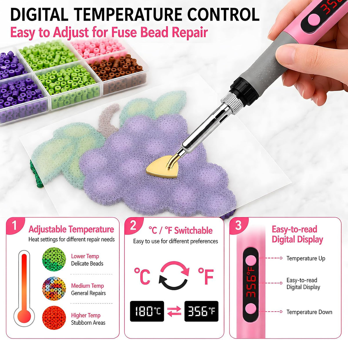 Fuse Bead Repair Iron, Mini Touch-Up Kit for Ironing Beads and Melty Beads, 90W Fast Heating with Precise Temperature Control and Auto Sleep, for Pegboards and DIY Crafts (Pink)