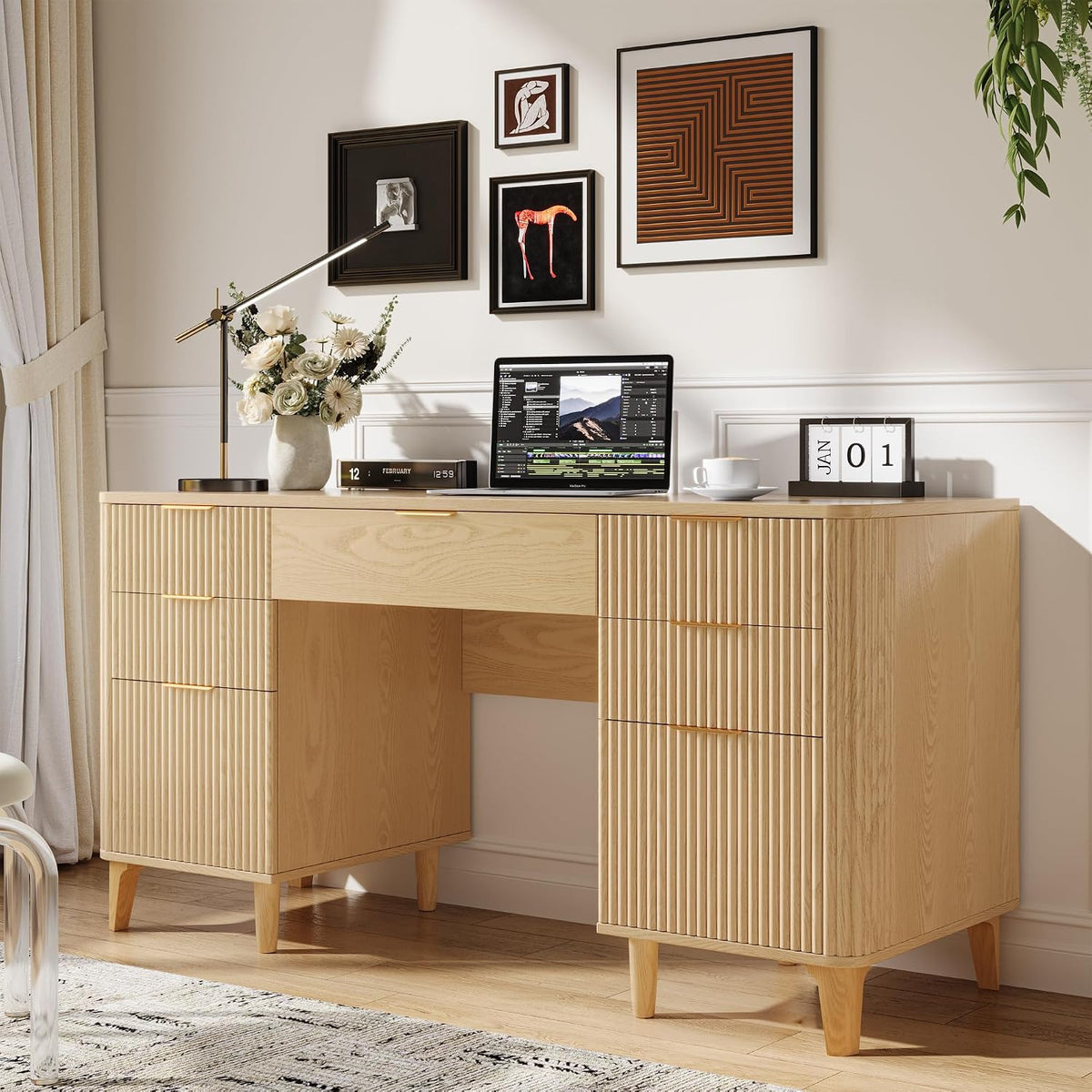 55.1" Fluted Executive Desk with Drawers, Wood Computer Desk with Storage Cabinet, Home Office Desk with Charging Station, Farmhouse Desk with File Cabinet for Office Home (Nature)