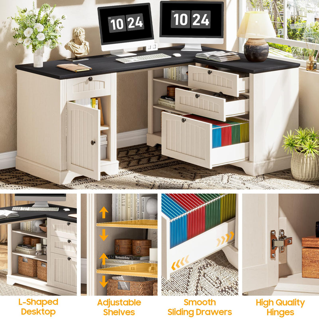 Vabches 51" Executive Desk Farmhouse Home Office Desk with Charging Station, LED Light, File Drawer, Storage Cabinet, Monitor Stand, Wood Computer Desk with Hutch for Work Study Writing (White)