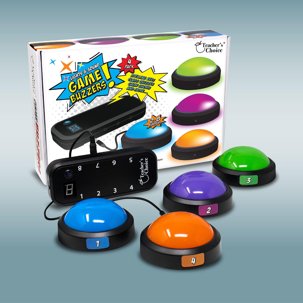 Teacher's Choice Light Up Game Buzzer System, Displays The Winning Player Loud, Unique Sounds for Each Buzzer, Great for Trivia Games, Family Feud, Jeopardy (8 Pack)