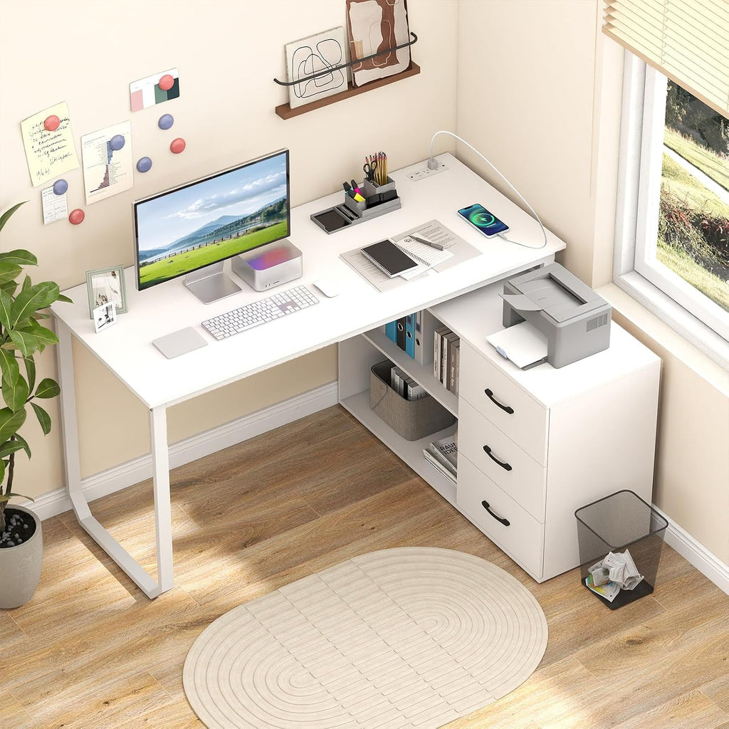 Tangkula 55" Reversible L Shaped Desk with 3 Drawers, Home Office Desk with Adjustable Shelf & Power Outlet, Study Writing Table, Computer Workstation for Small Space, Corner Desk (White)