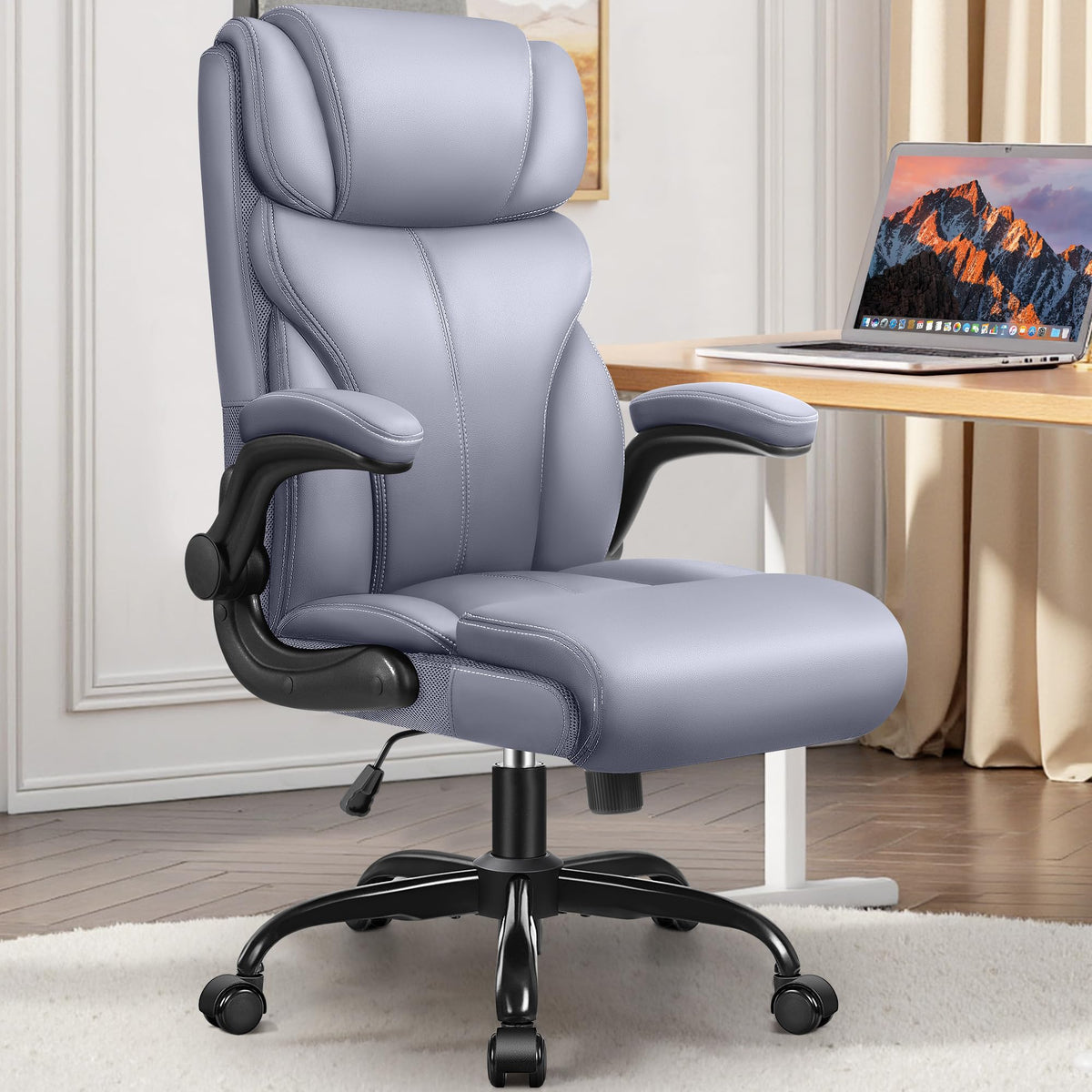 HeroSet PU Leather Study Chair with Flip-Up Arms and Lumbar Support