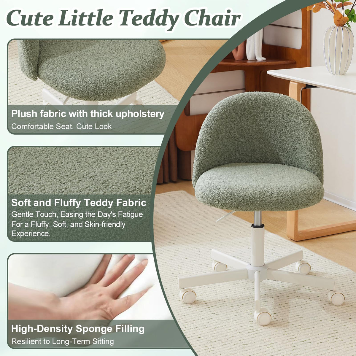VINGLI Cute Candy Chair Armless Comfy Small Office Desk Vanity Chair with Wheels & Lumbar Support,Teddy Adjustable Rolling Swivel Computer Task Ch for Home Office,Bedroom,Gentle Pink