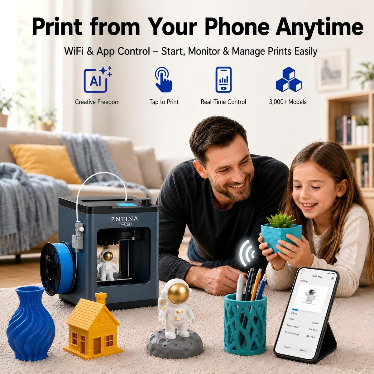 Entina Tina2C 3D Printer for Beginners, Fully Assembled Starter Mini 3D Printer, Start in 8 Mins, App & WiFi Control, Auto Leveling, 3500+ Model Library, 25+ Creative DIY Modules for STEM, Home