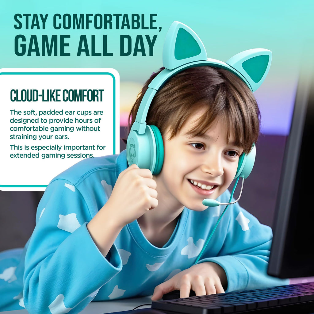 HyperGear Kombat Kitty Headphones for Kids - Cute Cat Ear Kids Headphones with Cord, Gaming Headset with Mic for Girls, Ideal for School, Home & Streaming, Pink