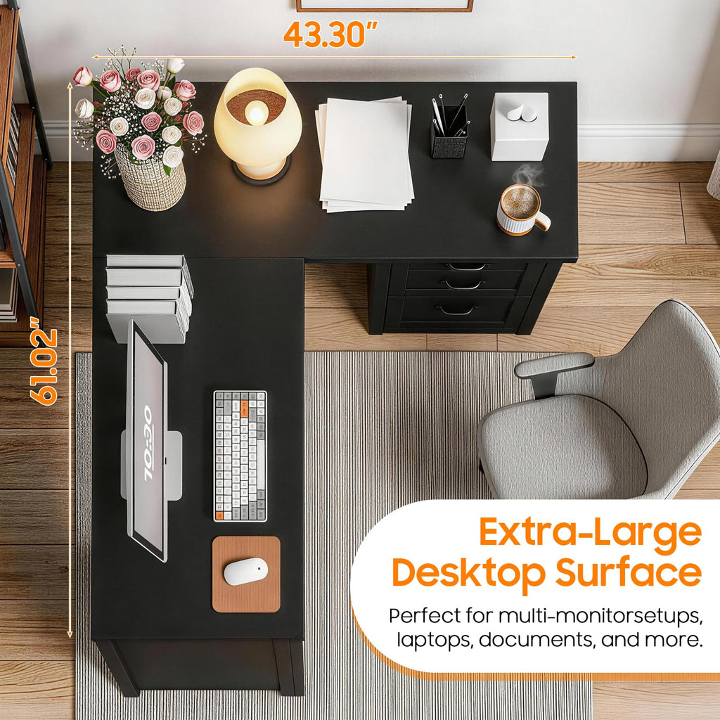 Vabches: 61" Farmhouse L-Shaped Student Study Desk with Drawers & Mobile CPU Mount