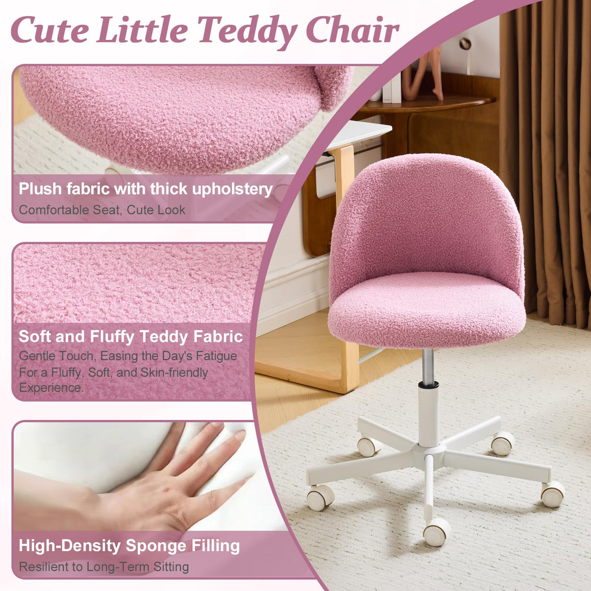 VINGLI Cute Candy Chair Armless Comfy Small Office Desk Vanity Chair with Wheels & Lumbar Support,Teddy Adjustable Rolling Swivel Computer Task Ch for Home Office,Bedroom,Gentle Pink