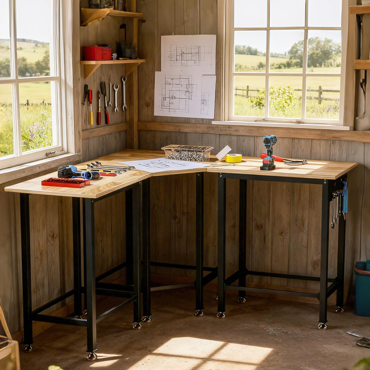 Betterhood 48" Heavy-Duty Adjustable Workbench for Garage, Rubber Wood Shop Table W/Metal Wheels, Hardwood Workstation Weight Capacity Over 2000 Lbs with Wheels