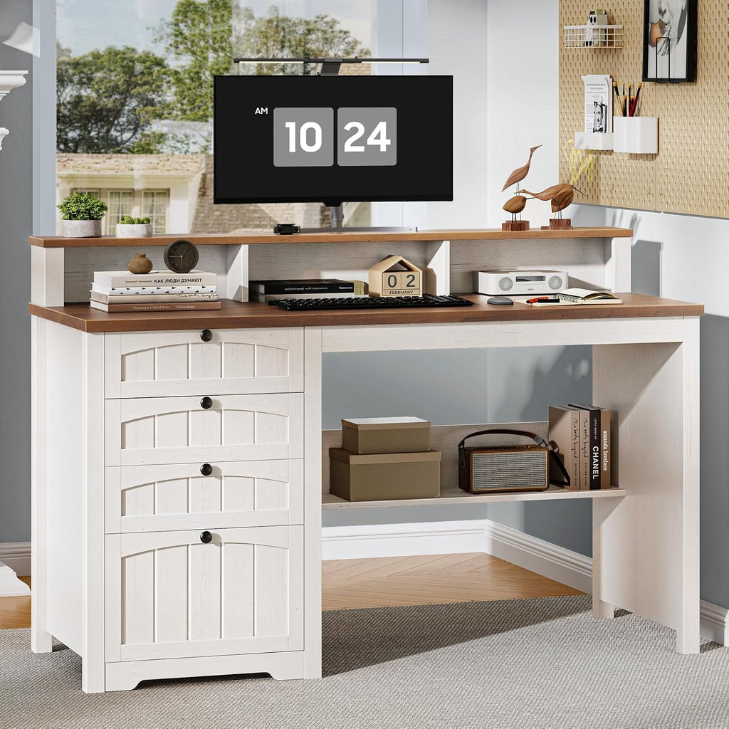 Halitaa: 47" Farmhouse Student Study Desk with 4 Drawers & Monitor Stand