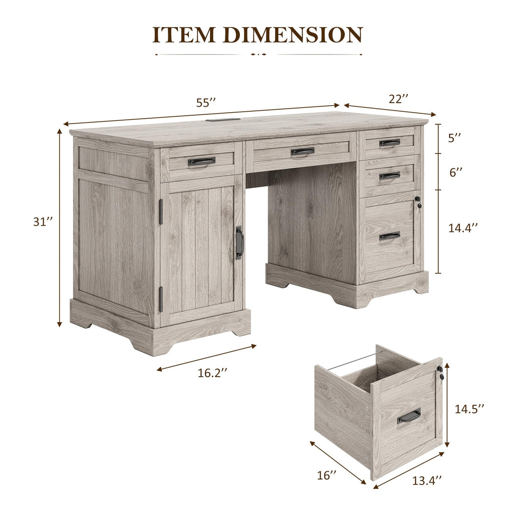 Whalefall: 55" Farmhouse Executive Desk with Drawers & Charging Station