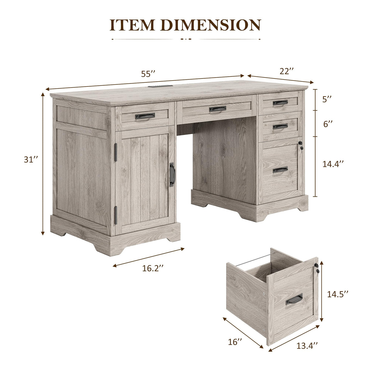 Whalefall: 55" Farmhouse Executive Desk with Drawers & Charging Station