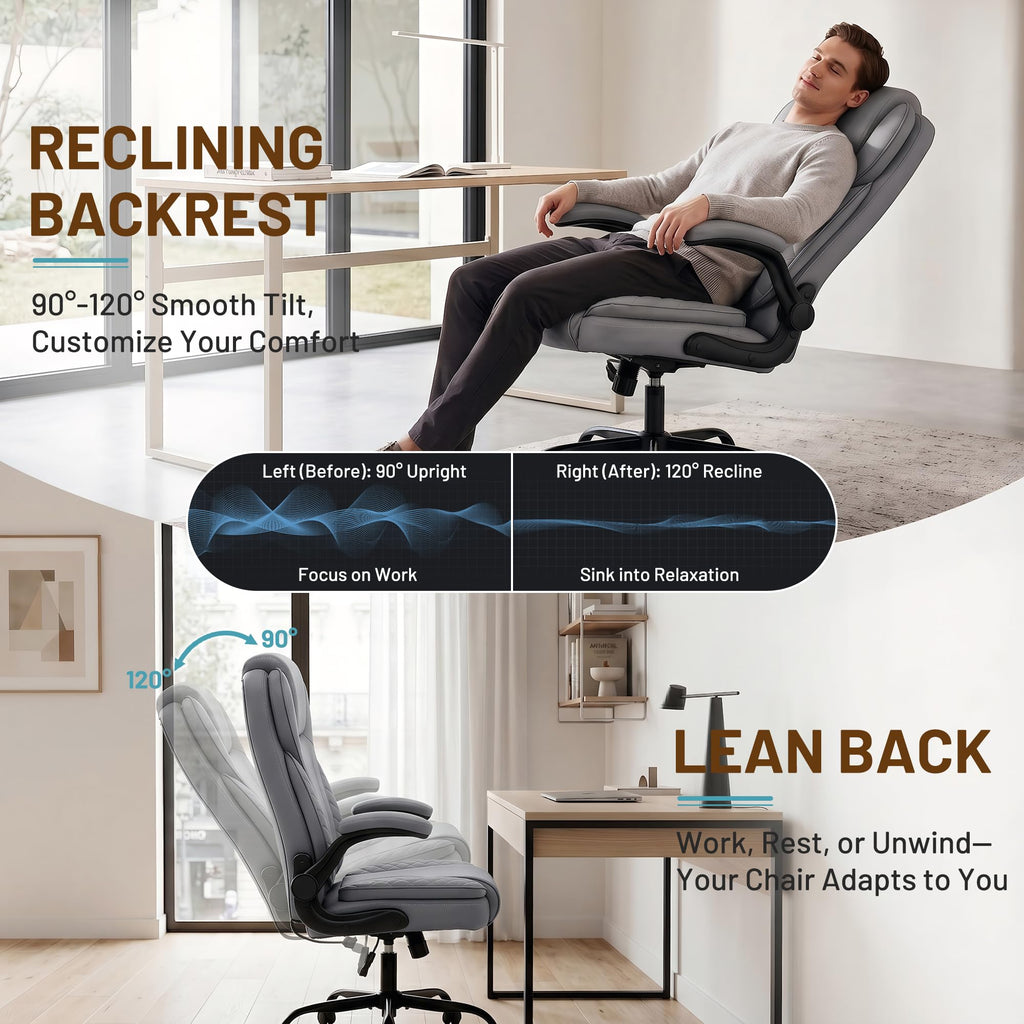 Ergonomic Office Chair, PU Leather High Back Executive Chair with Adjustable Inflatable Lumbar Support and Padded Flip-Up Arms, Recline Swivel Task Computer Chair for Home Office, Khaki