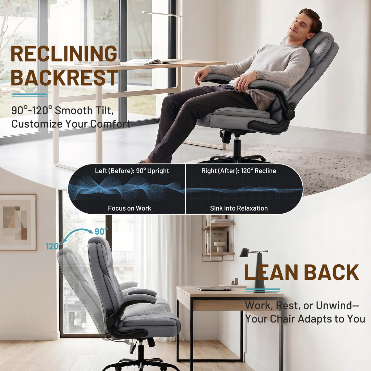 Ergonomic Office Chair, PU Leather High Back Executive Chair with Adjustable Inflatable Lumbar Support and Padded Flip-Up Arms, Recline Swivel Task Computer Chair for Home Office, Khaki
